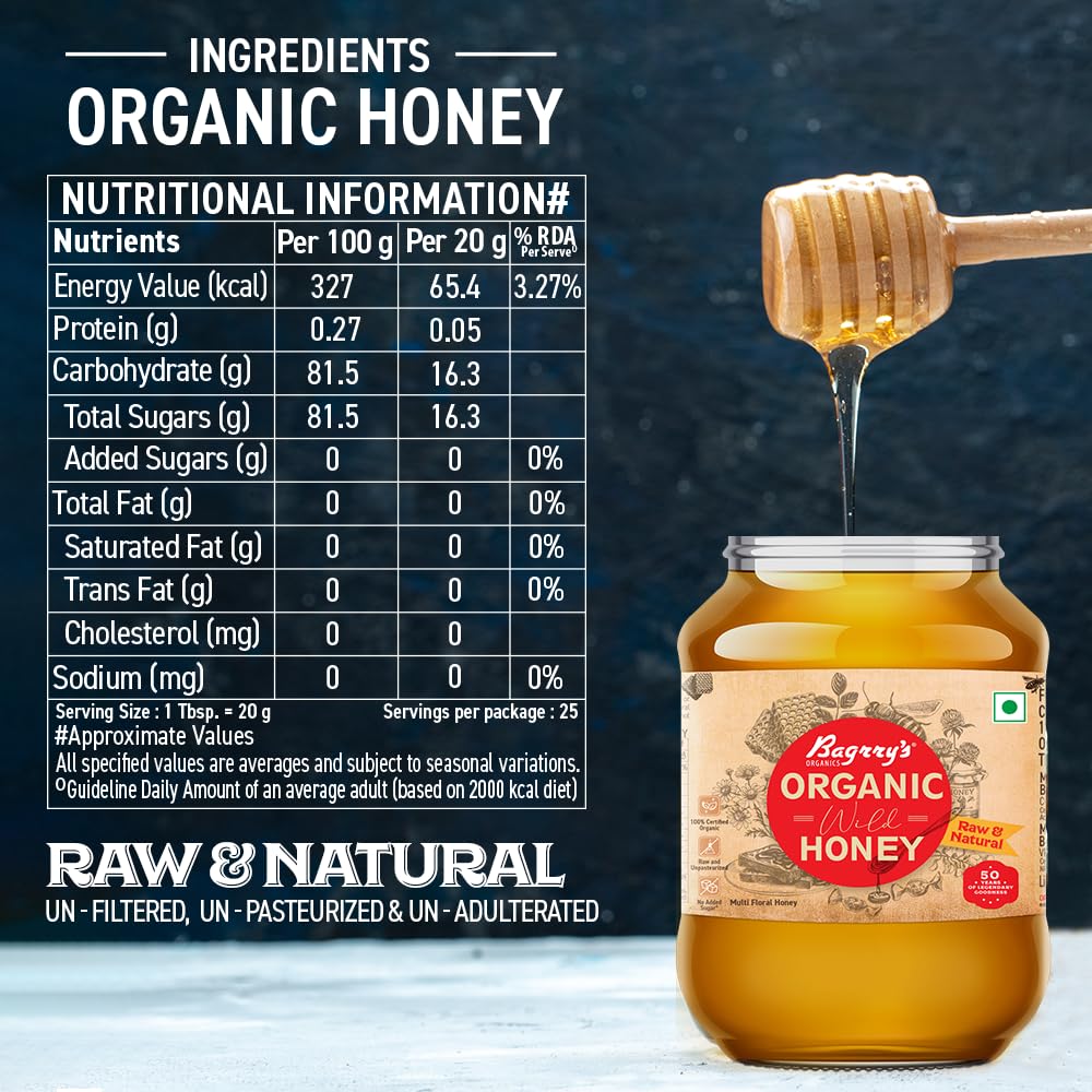 Bagrry's Organic Honey, Premium, Pure, Natural Organic Honey 500gm Food Care INDIA