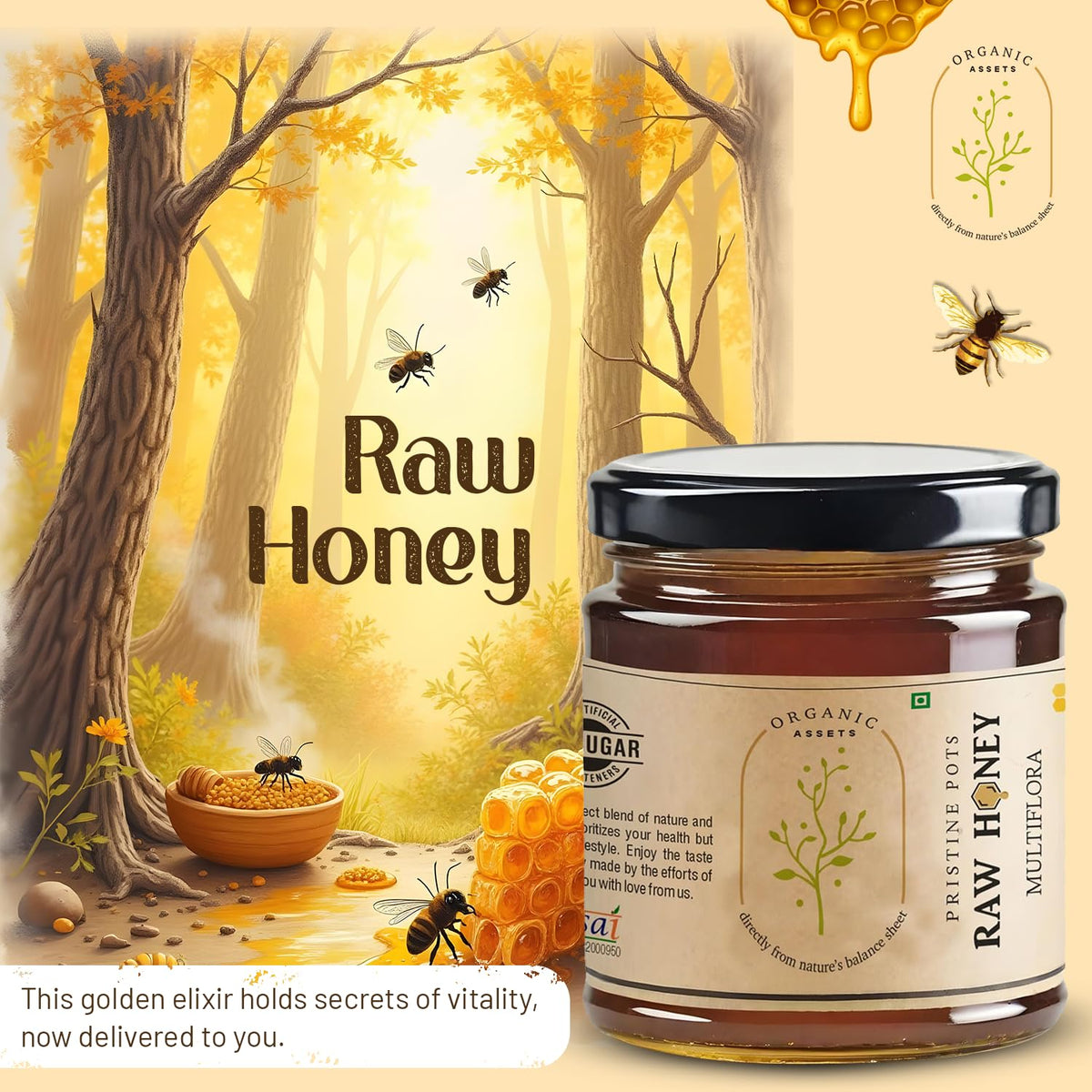 Organic Assets Pure Natural Multiflora Honey 250 gm Food Care INDIA