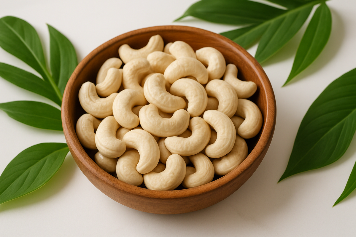 Cashew Nuts in a bowl,white table, leaves