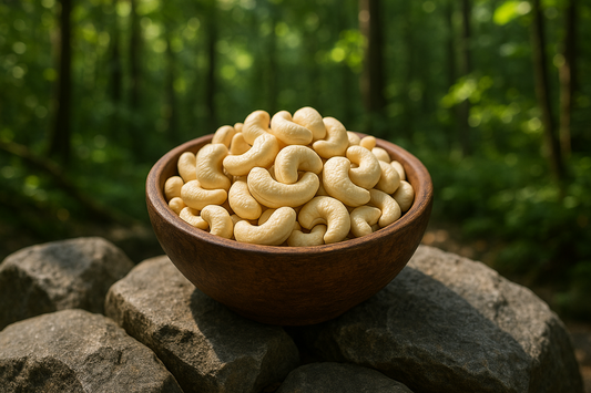 Cashew Nuts (kaju), medium-sized, rocks and forest, cashew in a bowl on the rock