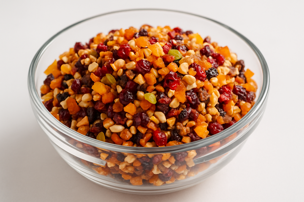 choped colour dry fruits in glass bowl