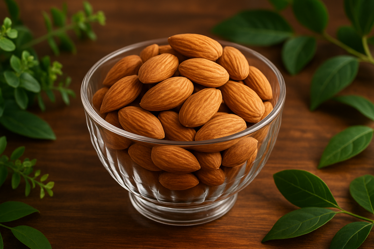 Premium Jumbo Almond in a glass bowl, brown table, plants and leaves