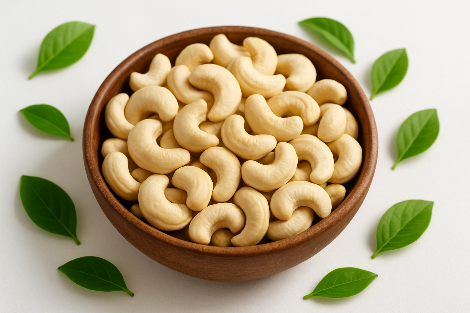 Cashew Nuts in a bowl ,white table, leaves, 