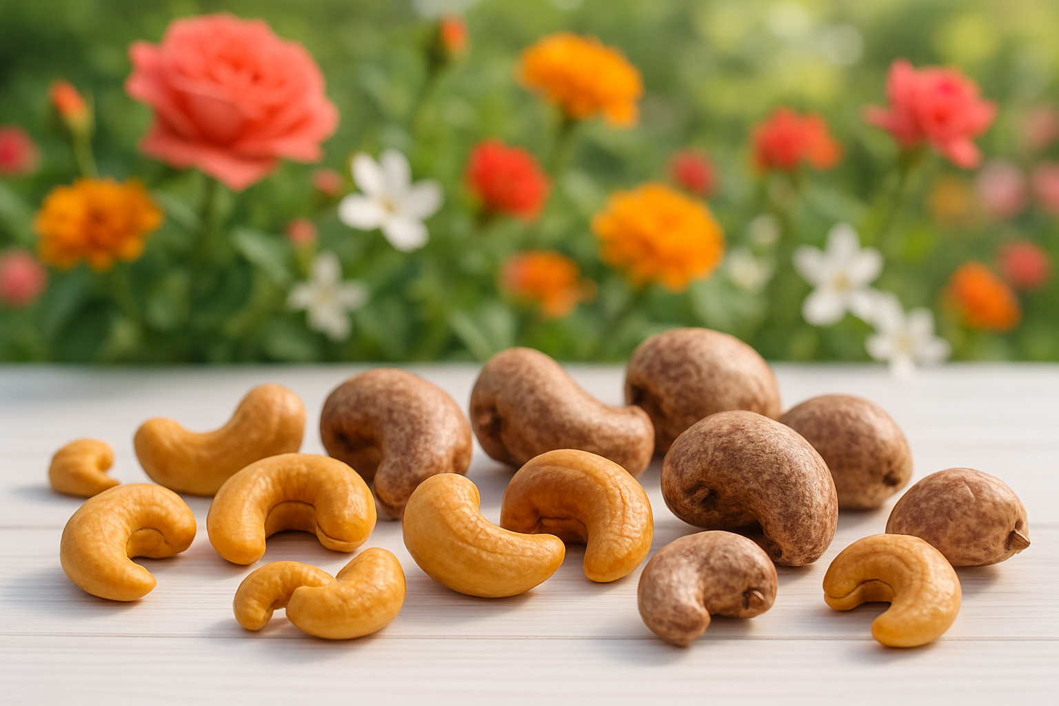 Cashew Nuts in white table ,flower garden