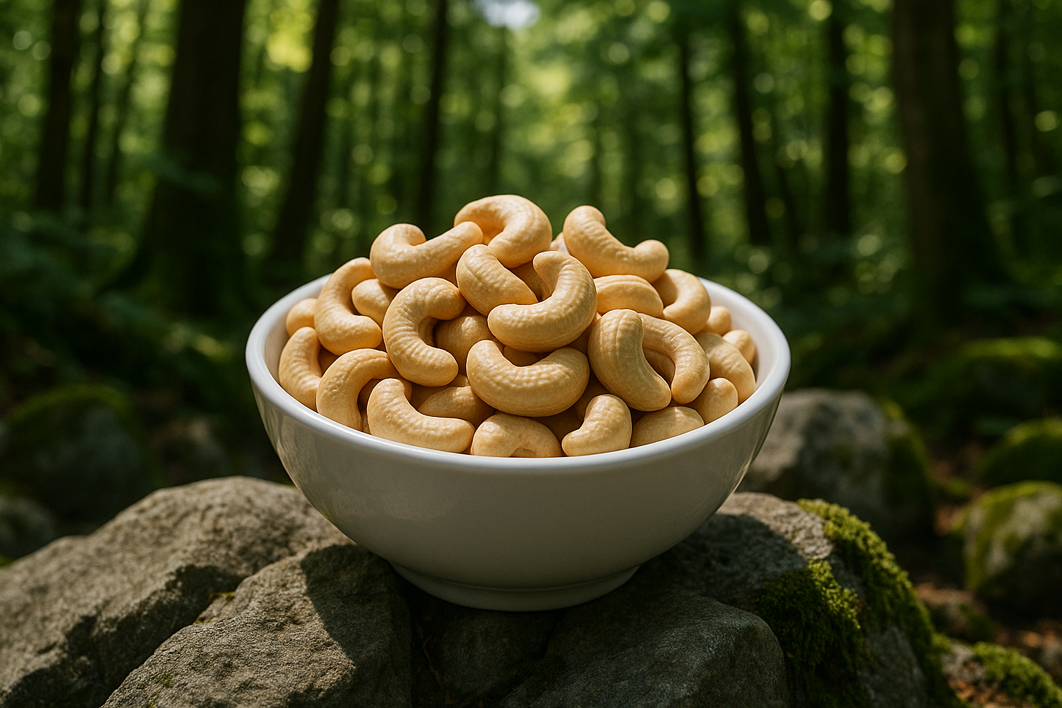 Cashew Nuts (kaju), medium-sized, in white bowl, rocks and forest , bowl on the rock