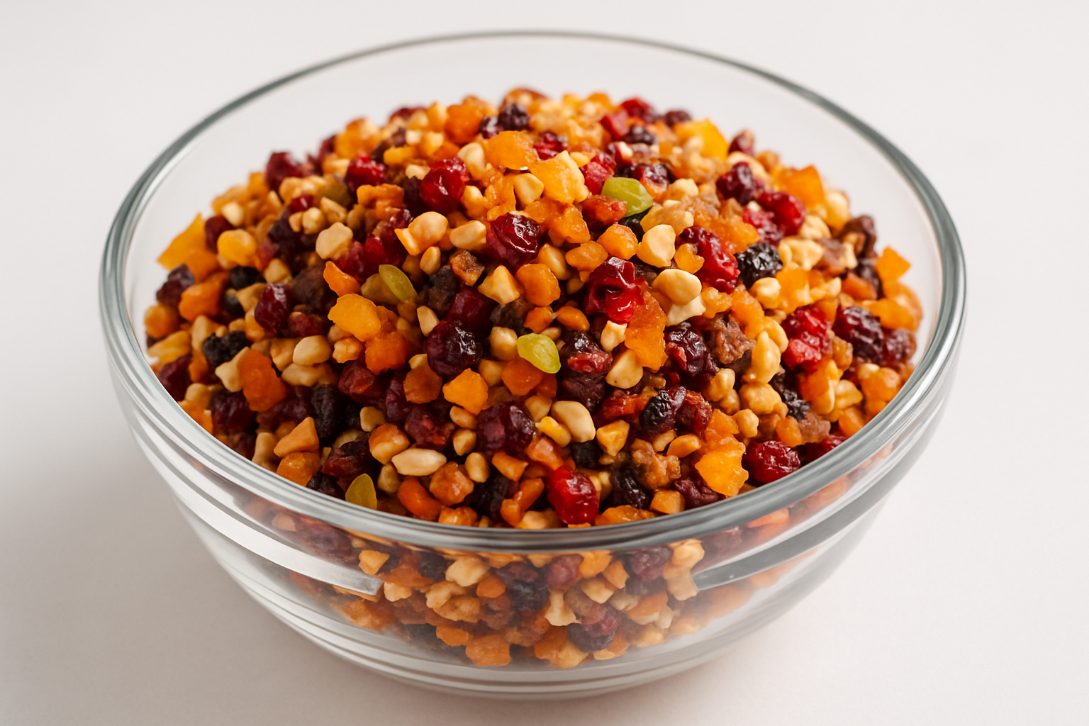 choped colour dry fruits in glass bowl 