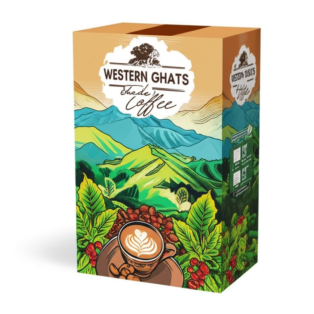Western Ghats Coffee packaging with scenic design and coffee cup