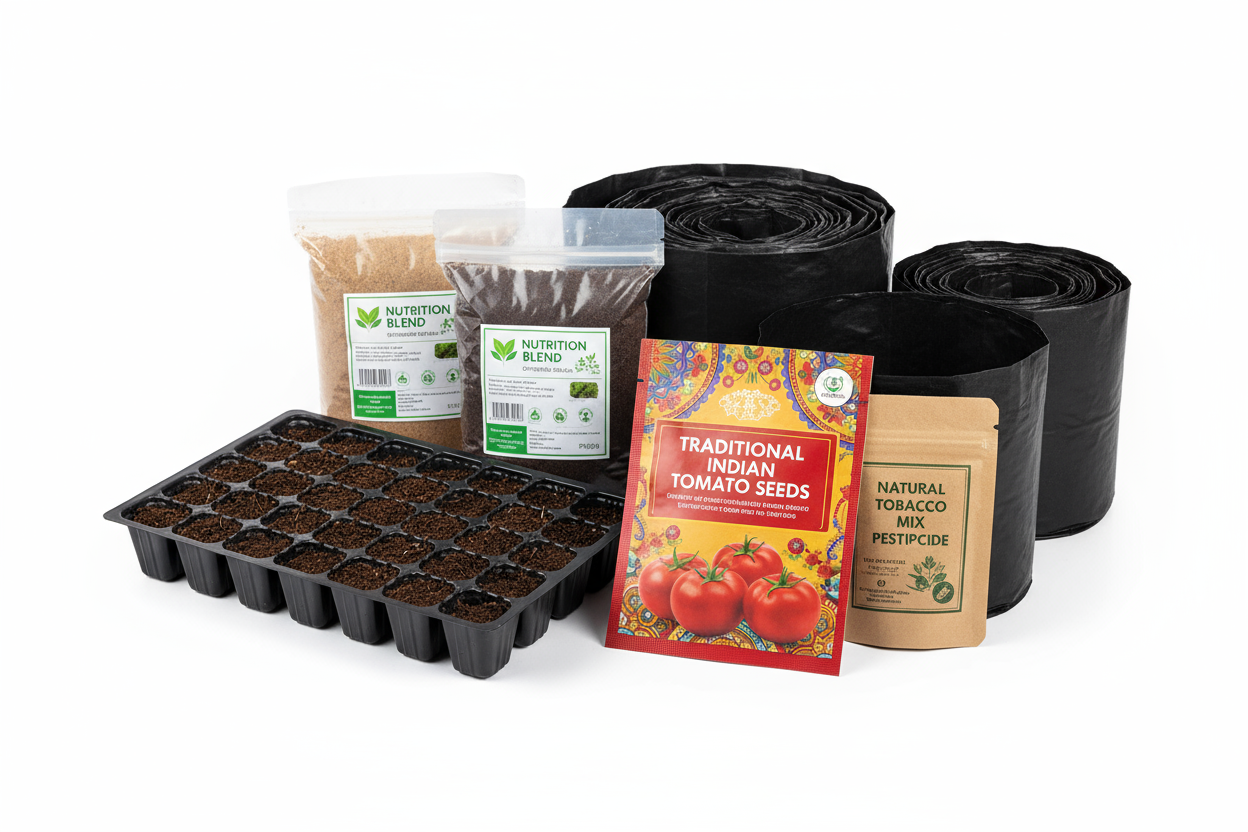 One Box pack of Seed Pack 1:1 Size -Traditional Indian Tomato
Seeding Tray - 40 (For Seed Germination)
Cocopeat + Manure + Nutrition Mix
Quality Plastic Grow Bag
Tobacco Mix - Natural Pesticide Pack