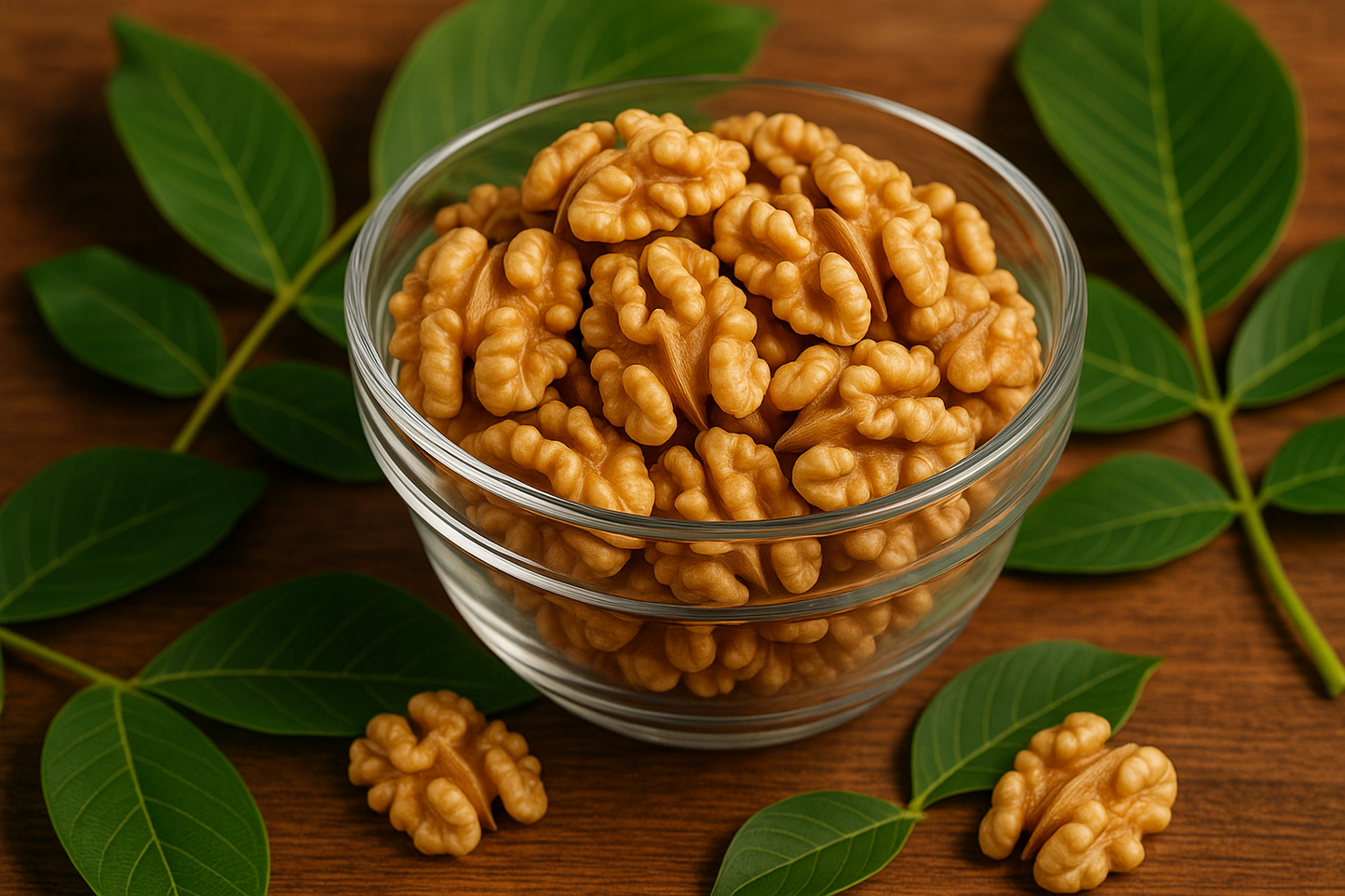 Premium Walnut Kernels, in table,leaves,glass bowl