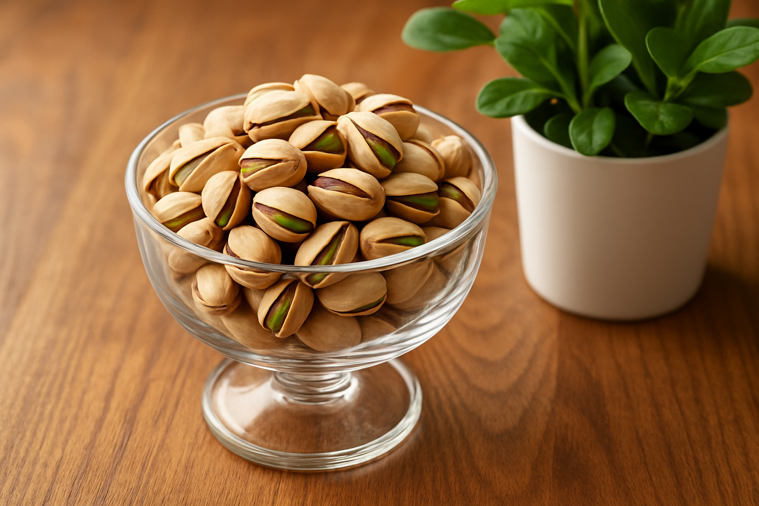 Top-Quality Pista in a glass bowl, white flowerpot, leaves, table 