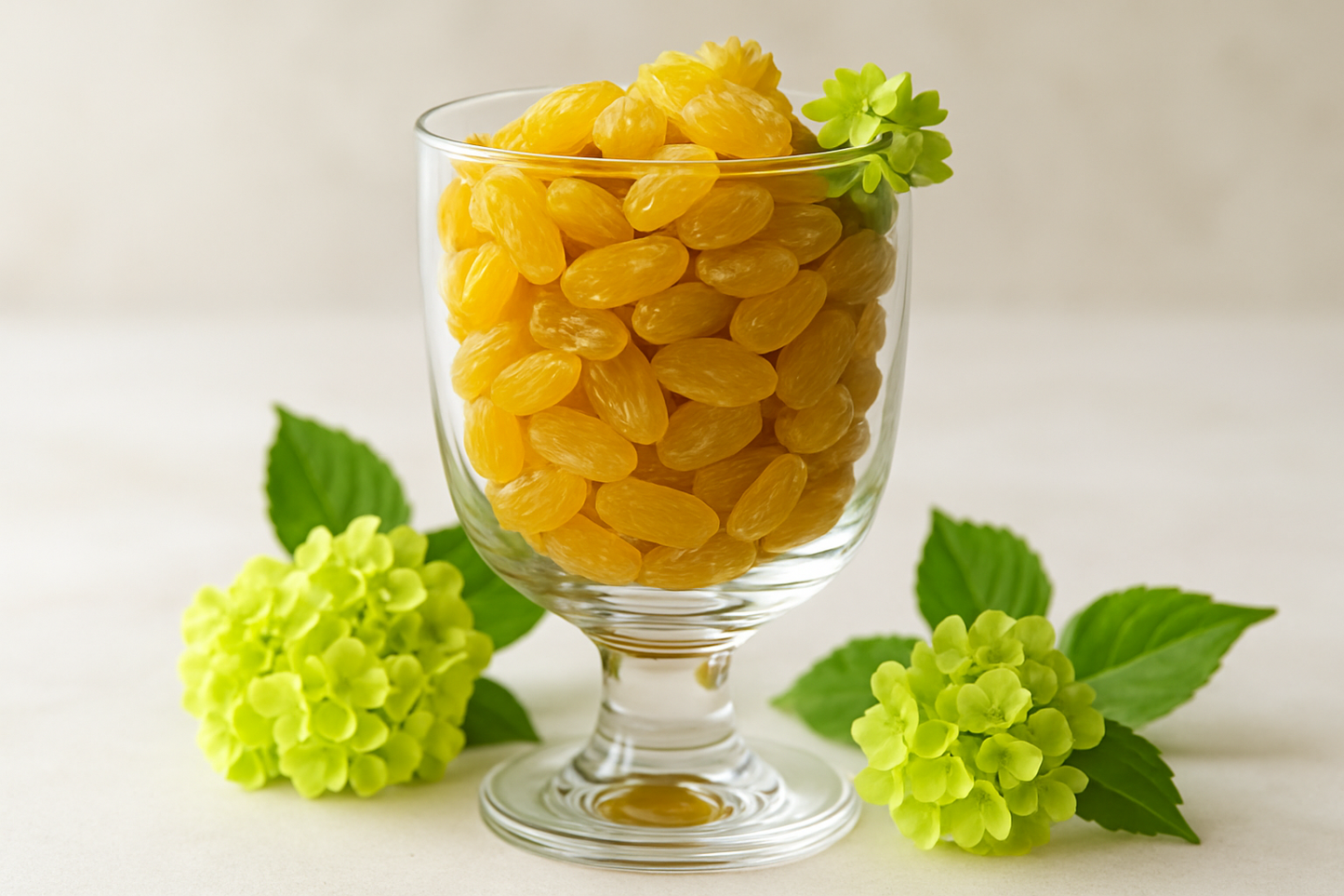 yellow dried grapes in a glass , green flower 
